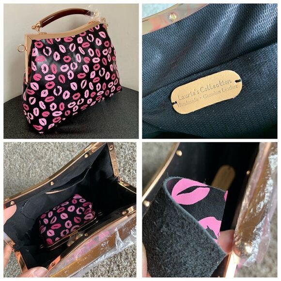 Handmade Genuine Leather Lips👄 Print, Double Kisslock Bag & Small Clutch Set - Picture 16 of 16